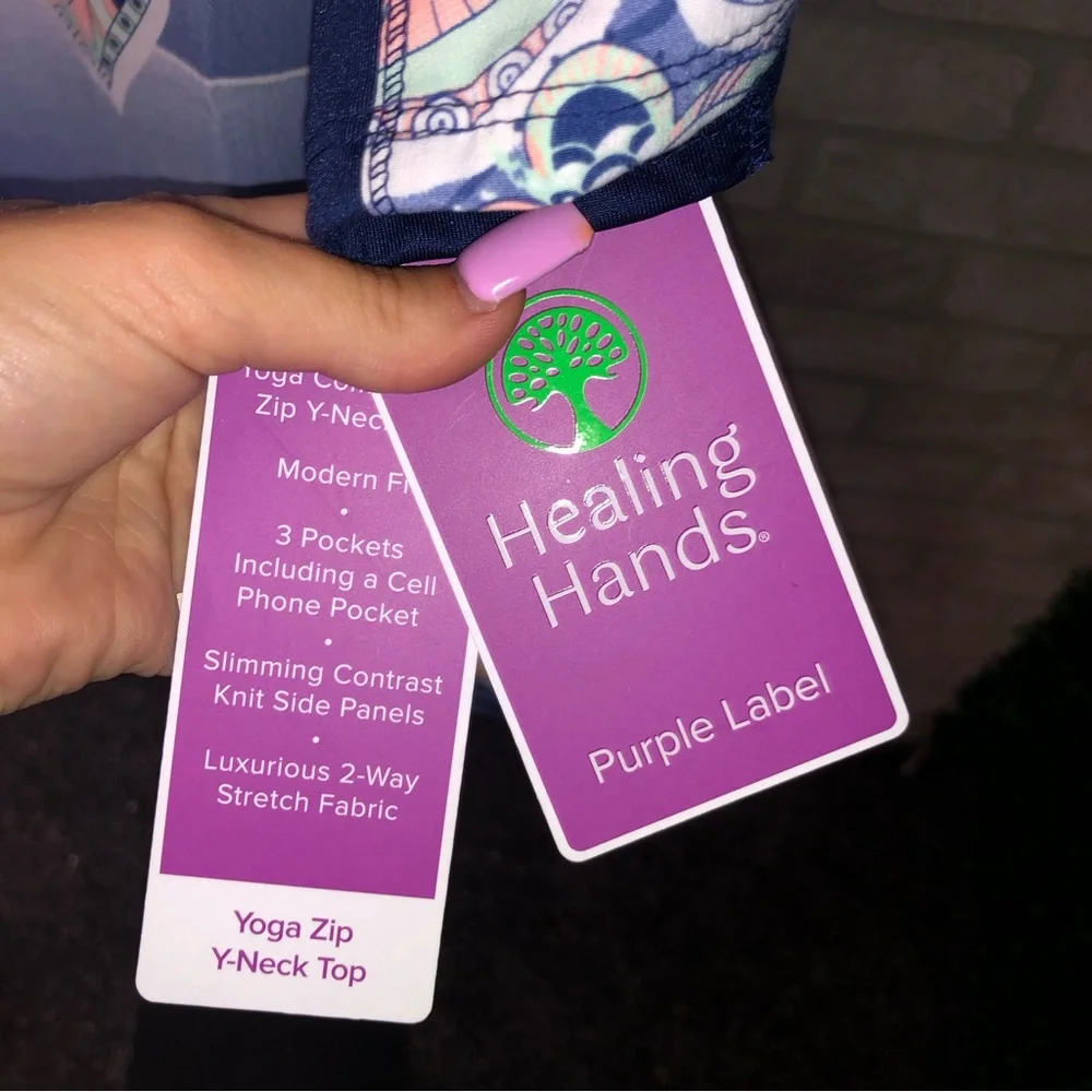 Healing Hands Purple Label Yoga Zip V-Neck blue butterfly pattern scrub top - Picture 7 of 10